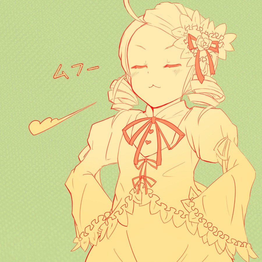 1girl :t ahoge auto_tagged blush closed_eyes dress drill_hair flower hair_flower hair_ornament hand_on_hip hands_on_hips image juliet_sleeves kanaria long_sleeves solo tomoe_mami twin_drills