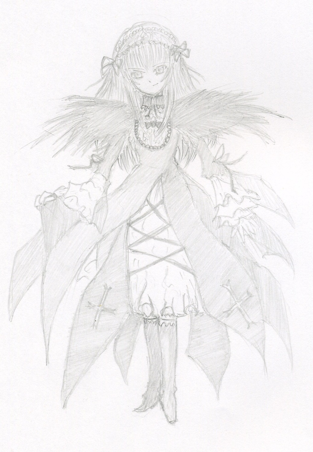 1girl boots dress flower frills full_body greyscale hairband image long_hair long_sleeves looking_at_viewer monochrome rose simple_background solo standing suigintou traditional_media very_long_hair white_background wings