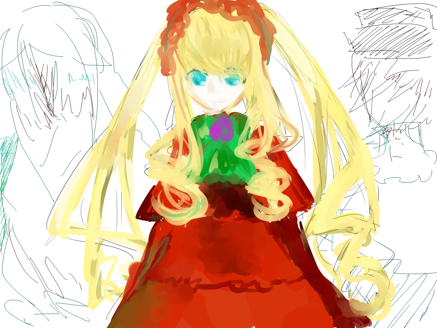 1girl blonde_hair blue_eyes bow dress flower image long_hair long_sleeves looking_at_viewer red_dress rose shinku solo twintails very_long_hair white_background