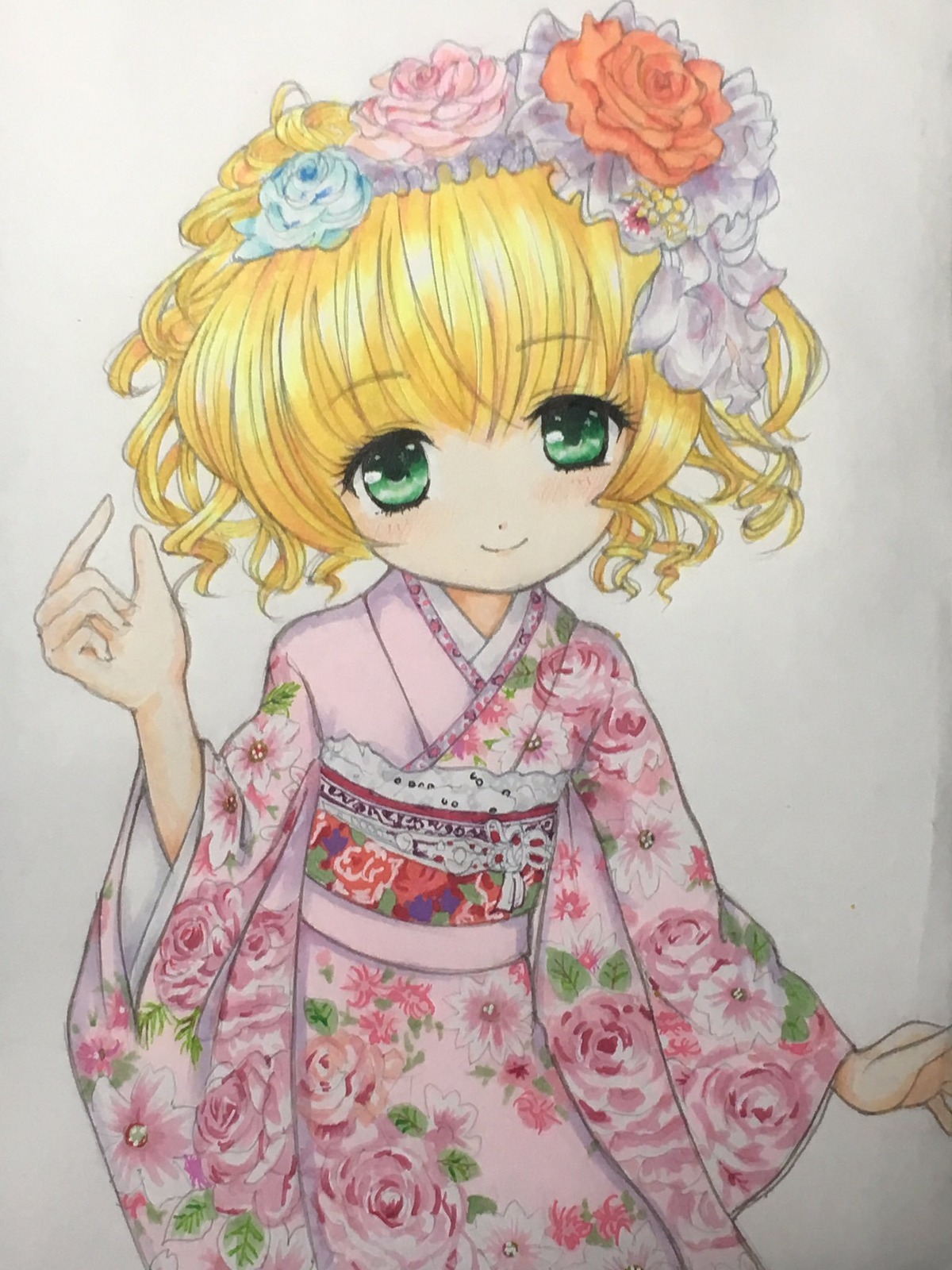 1girl blonde_hair blush eyebrows_visible_through_hair floral_print flower green_eyes hair_flower hair_ornament hina_ichigo hinaichigo image japanese_clothes kimono looking_at_viewer pink_flower pink_rose rose rose_print sakurai_momoka short_hair smile solo traditional_media