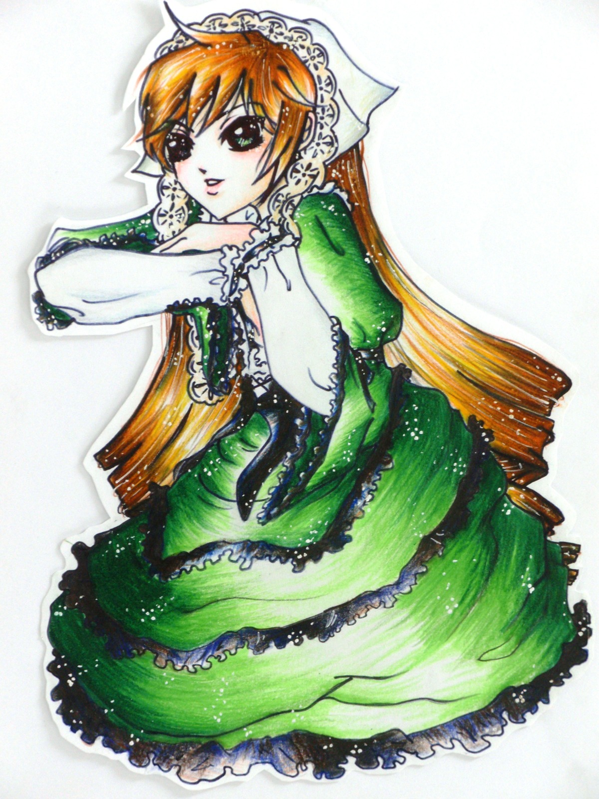 1girl dress frills green_dress green_eyes image lace long_hair long_sleeves looking_at_viewer solo suiseiseki traditional_media very_long_hair