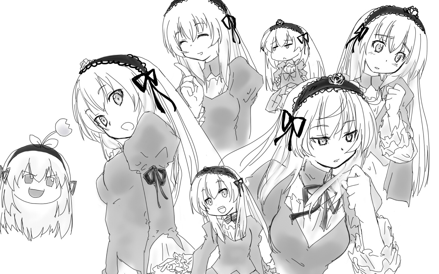 1girl :d bangs blush closed_eyes closed_mouth dress eyebrows_visible_through_hair greyscale hairband image index_finger_raised long_hair long_sleeves looking_at_viewer monochrome multiple_views open_mouth ribbon simple_background smile solo suigintou white_background