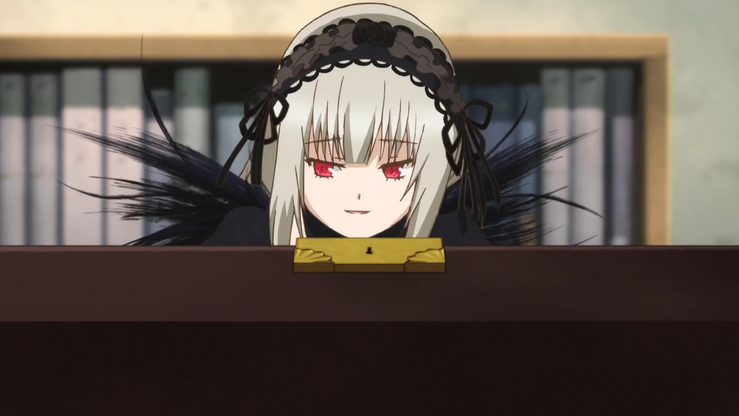 1girl bangs black_wings blurry blurry_background depth_of_field eyebrows_visible_through_hair hairband image long_hair looking_at_viewer red_eyes ribbon silver_hair smile solo suigintou