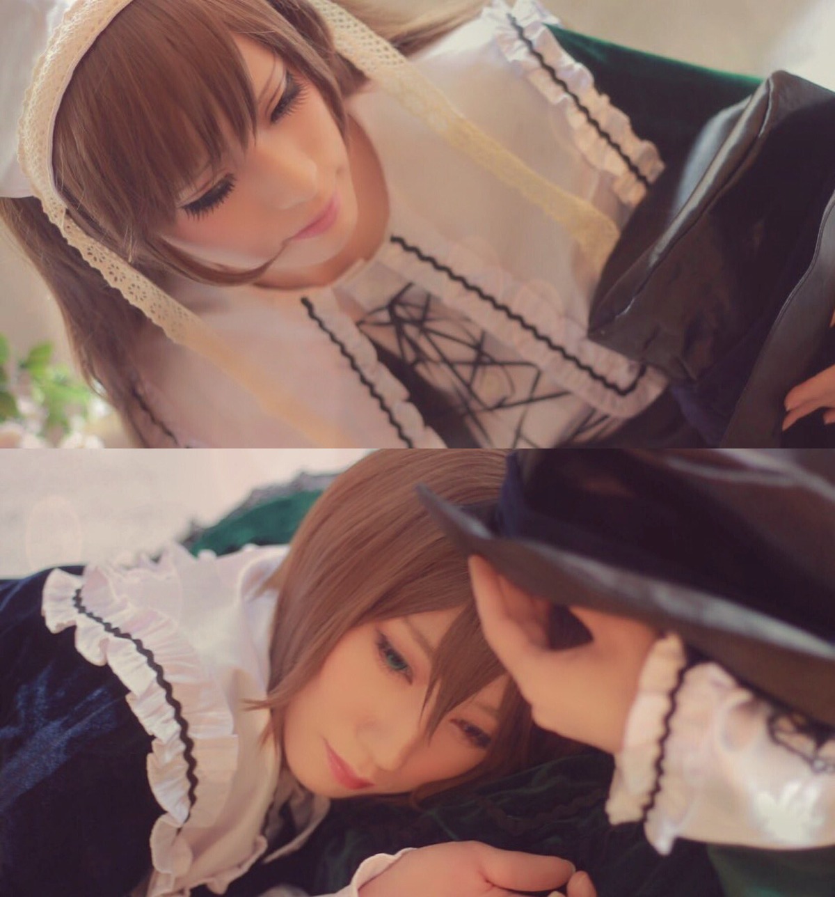 2girls 3d bangs blurry blurry_foreground brown_hair closed_eyes closed_mouth depth_of_field dress lips long_sleeves maid multiple_cosplay multiple_girls photo realistic smile tagme