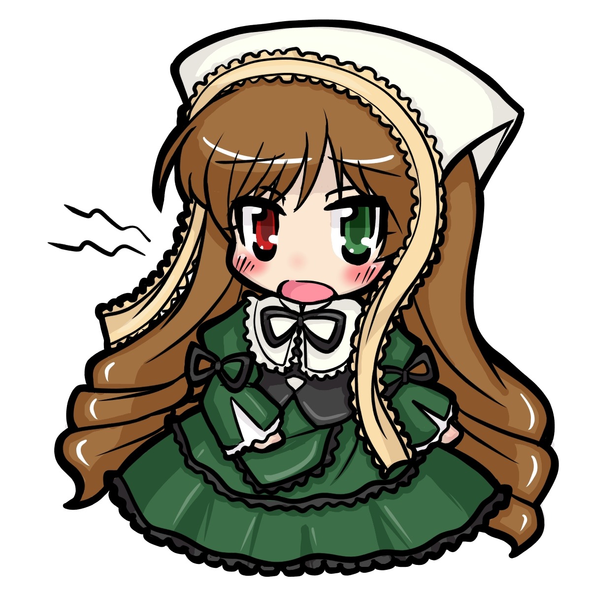 1girl blush brown_hair chibi dress frills green_dress green_eyes hat heterochromia image long_hair long_sleeves open_mouth red_eyes ribbon solo suiseiseki very_long_hair white_background