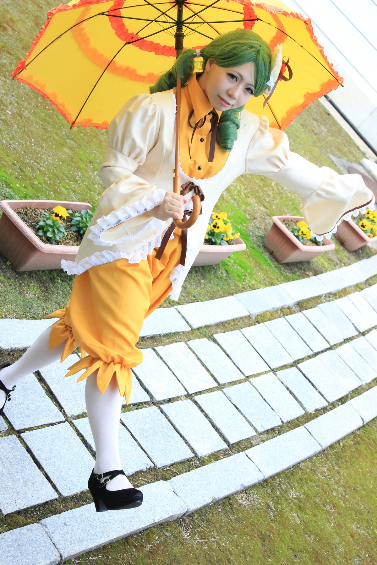 1girl beach_umbrella dress green_hair holding_umbrella kanaria outdoors parasol red_umbrella shared_umbrella smile solo transparent_umbrella umbrella