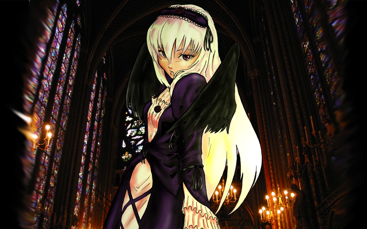 1girl auto_tagged bangs black_dress city_lights dress frills hairband image long_hair long_sleeves night outdoors puffy_sleeves red_eyes solo standing suigintou