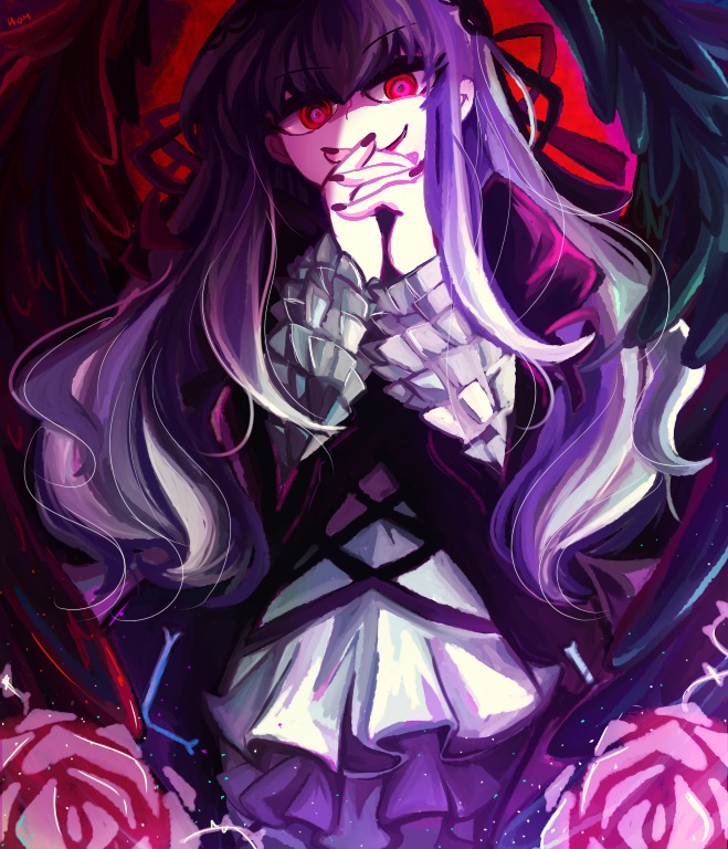 1girl black_wings dress evil_smile flower frills image long_hair long_sleeves looking_at_viewer purple_rose red_eyes red_flower red_rose ribbon rose smile solo suigintou wings