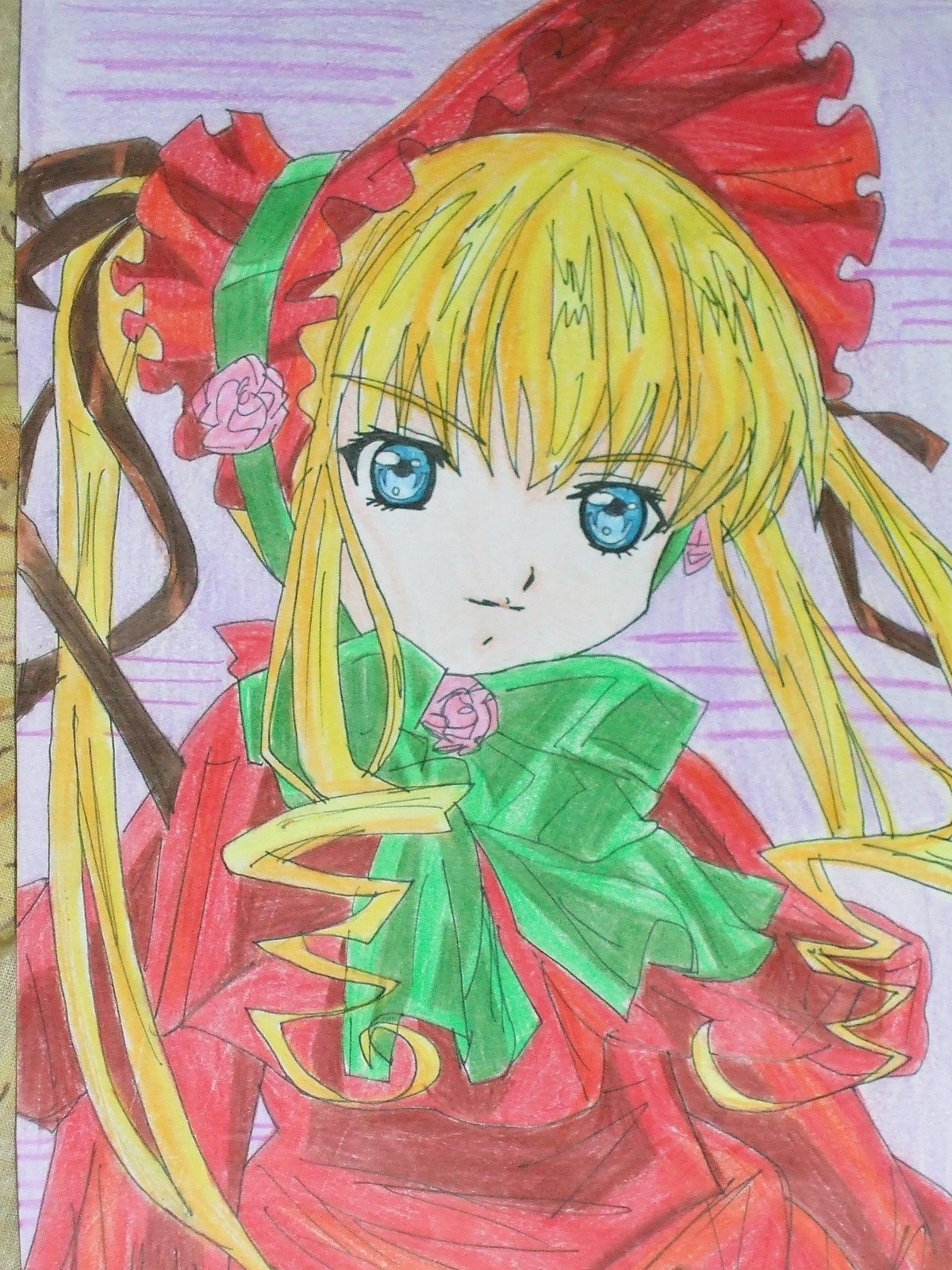 1girl bangs blonde_hair blue_eyes bonnet bow bowtie closed_mouth dress drill_hair flower green_bow green_neckwear image long_hair long_sleeves looking_at_viewer marker_(medium) millipen_(medium) photo pink_flower pink_rose red_capelet rose shikishi shinku sidelocks solo traditional_media upper_body watercolor_(medium)