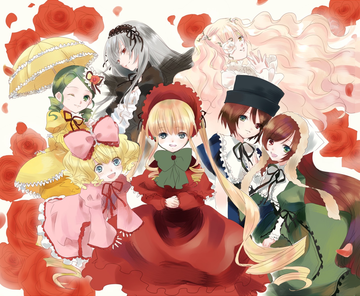 6+girls blonde_hair blue_eyes bow brown_hair dress drill_hair flower frills green_dress green_eyes green_hair hairband hat heterochromia hina_ichigo image kanaria long_hair long_sleeves multiple multiple_girls one_eye_closed open_mouth petals pink_bow pink_dress pink_hair red_eyes red_flower red_rose rose rose_petals shinku short_hair siblings silver_hair sisters smile souseiseki suigintou suiseiseki tagme twins twintails very_long_hair