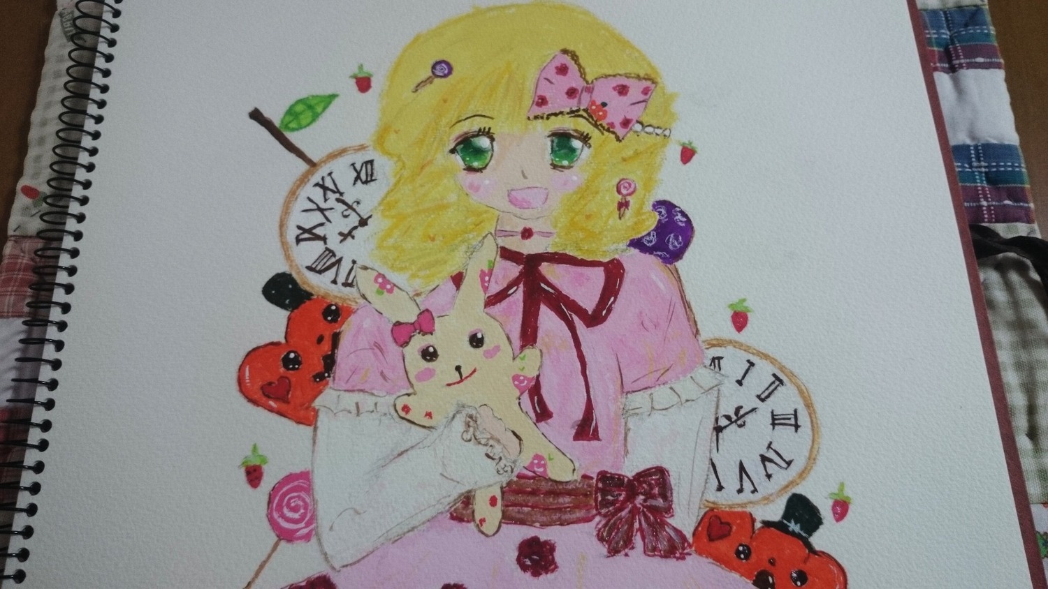 1girl blonde_hair bow dress food fruit green_eyes hinaichigo image photo smile solo traditional_media