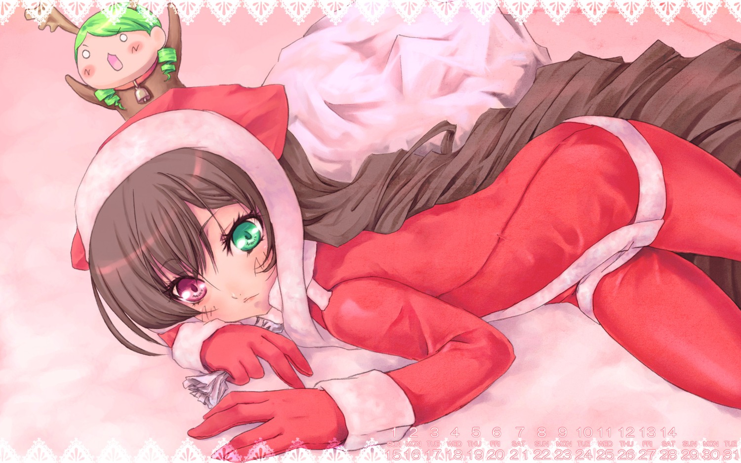 1girl auto_tagged brown_hair gloves green_eyes hat heterochromia image long_hair looking_at_viewer lying on_stomach pantyhose red_eyes red_gloves red_legwear santa_costume solo suiseiseki