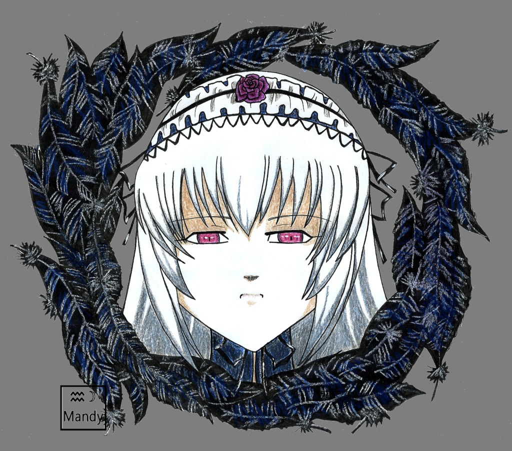 1girl black_background closed_mouth eyebrows_visible_through_hair flower hairband image looking_at_viewer rose silver_hair solo suigintou