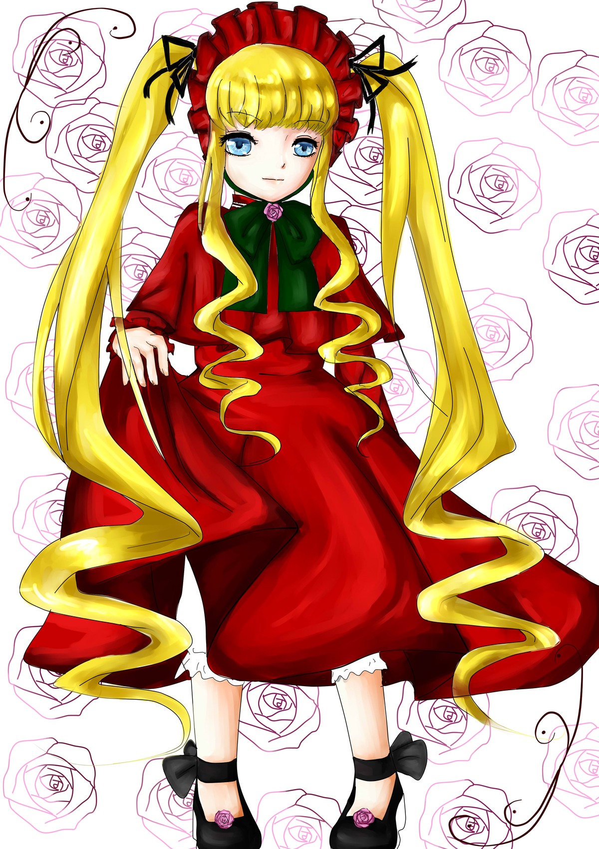 1girl black_rose blonde_hair blue_eyes blue_rose bonnet bow bowtie dress floral_background flower full_body green_bow image long_hair long_sleeves looking_at_viewer pink_flower pink_rose purple_rose red_dress red_rose rose shinku sidelocks solo thorns twintails white_flower white_rose yellow_rose