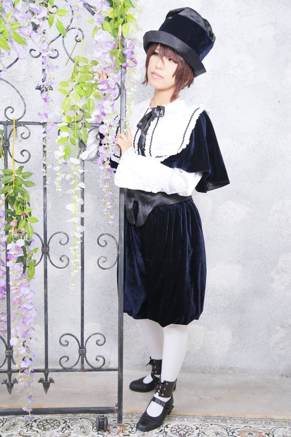 1girl black_footwear brown_hair flower hat long_sleeves shoes solo souseiseki standing top_hat white_legwear