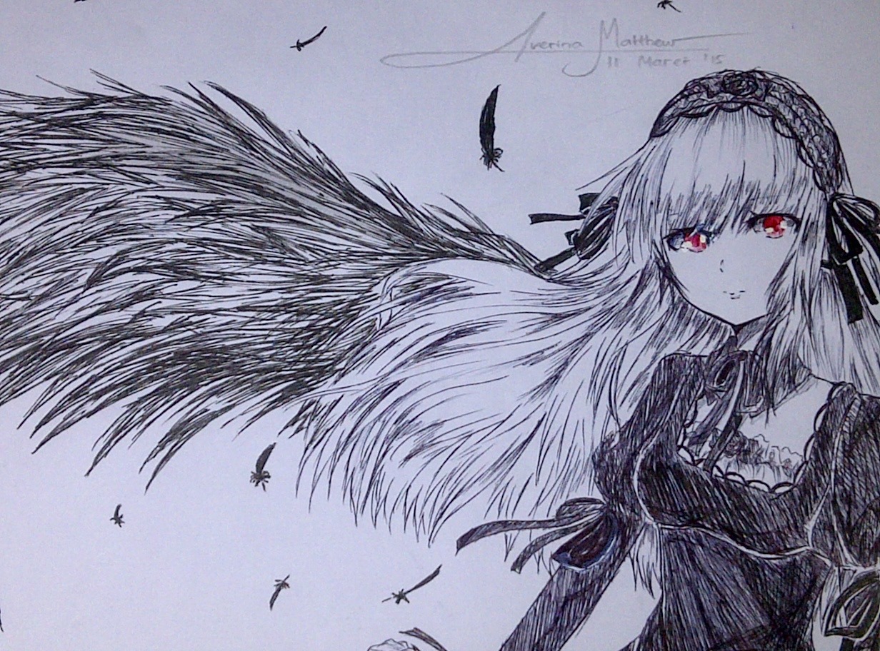 1girl bird black_dress black_feathers closed_mouth dove dress eyebrows_visible_through_hair feathers flower gothic_lolita hairband image lolita_hairband long_hair long_sleeves looking_at_viewer red_eyes rose seagull solo suigintou traditional_media very_long_hair wings