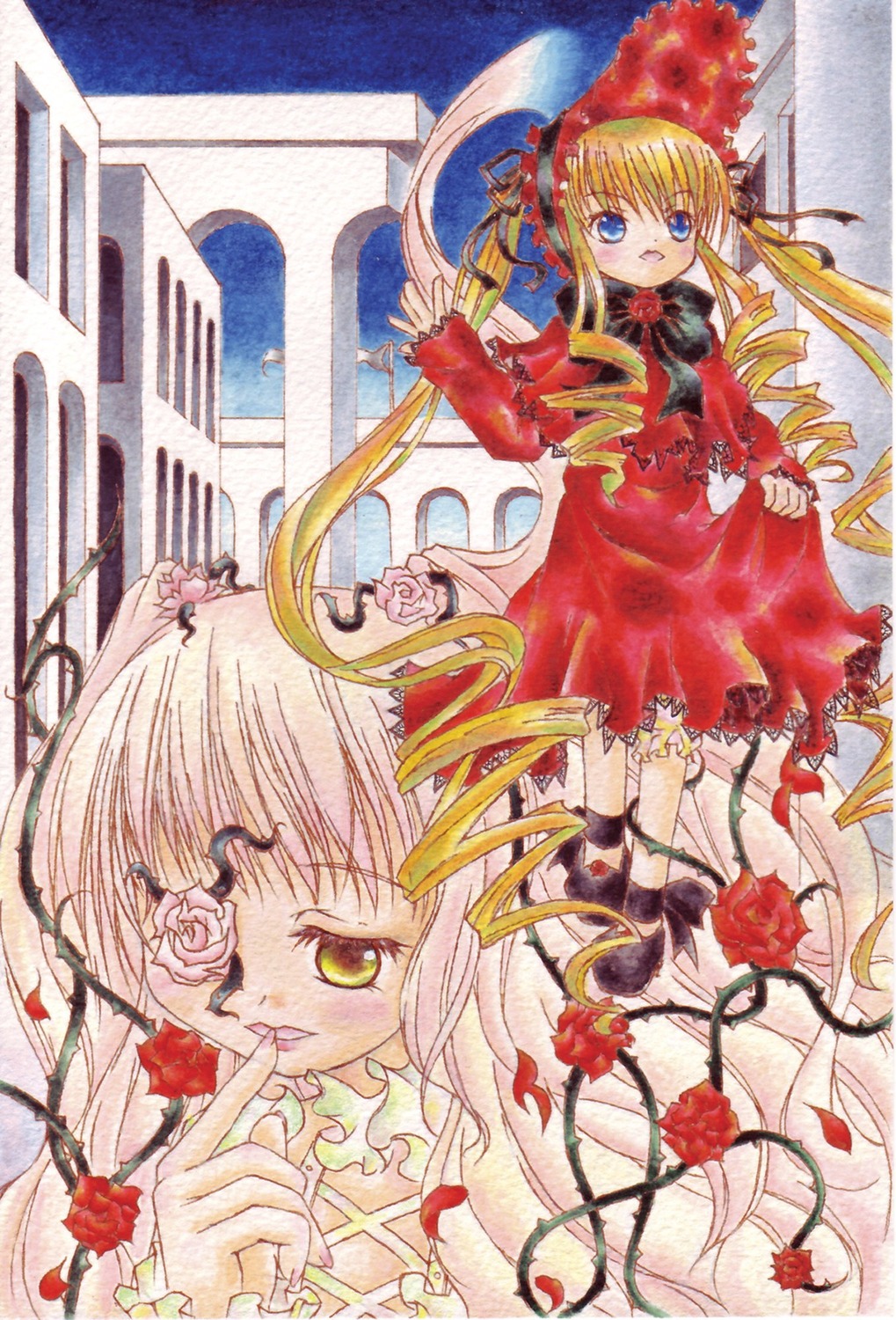 2girls blonde_hair blue_eyes dress drill_hair flower image kirakishou long_hair long_sleeves looking_at_viewer marker_(medium) multiple_girls pair pink_flower pink_rose red_dress red_flower red_rose rose shinku smile traditional_media twintails very_long_hair vines