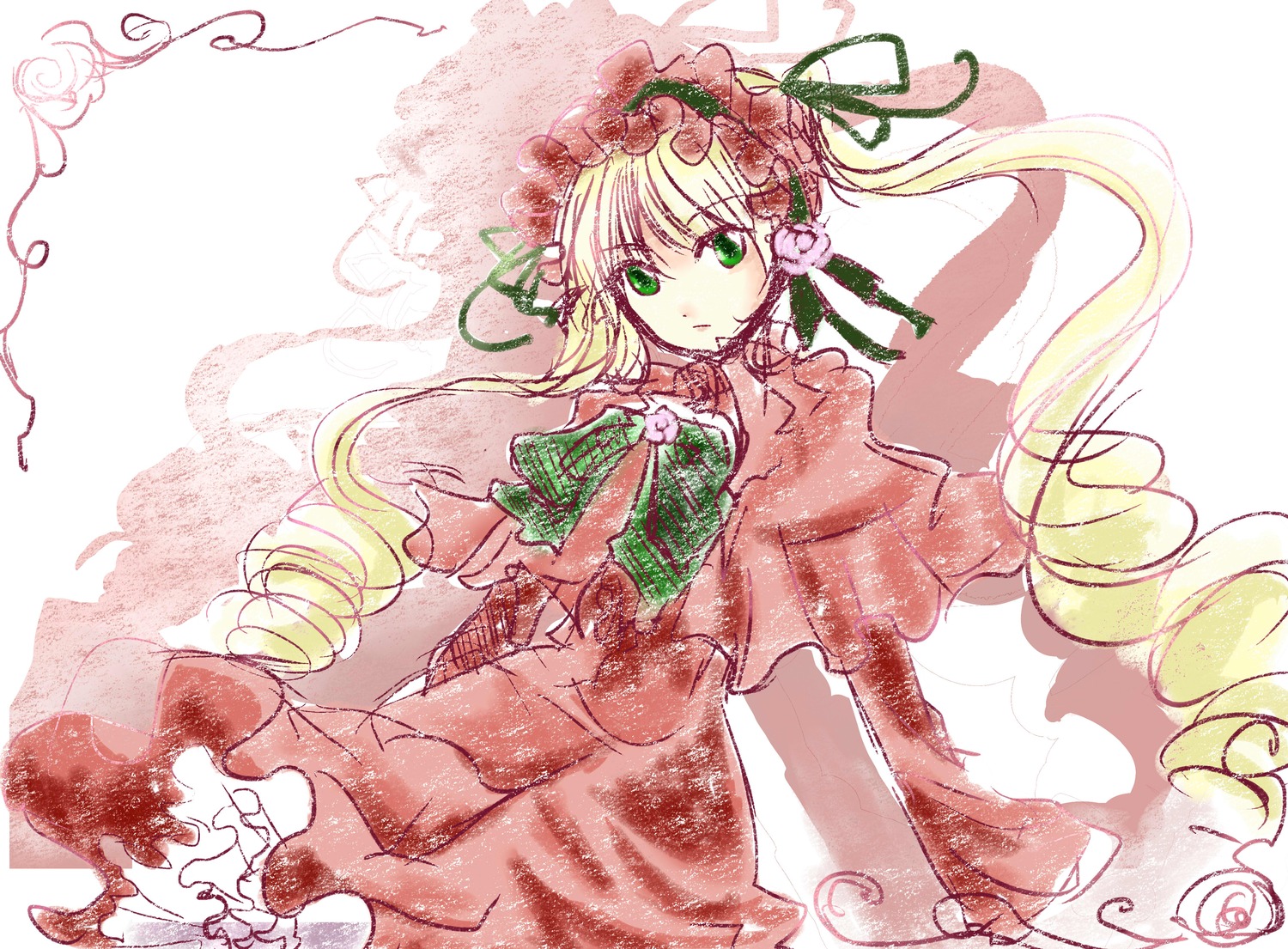 1girl blonde_hair bow bowtie capelet dress drill_hair flower frills green_bow green_eyes image long_hair long_sleeves looking_at_viewer pink_bow ribbon rose shinku solo twin_drills twintails very_long_hair