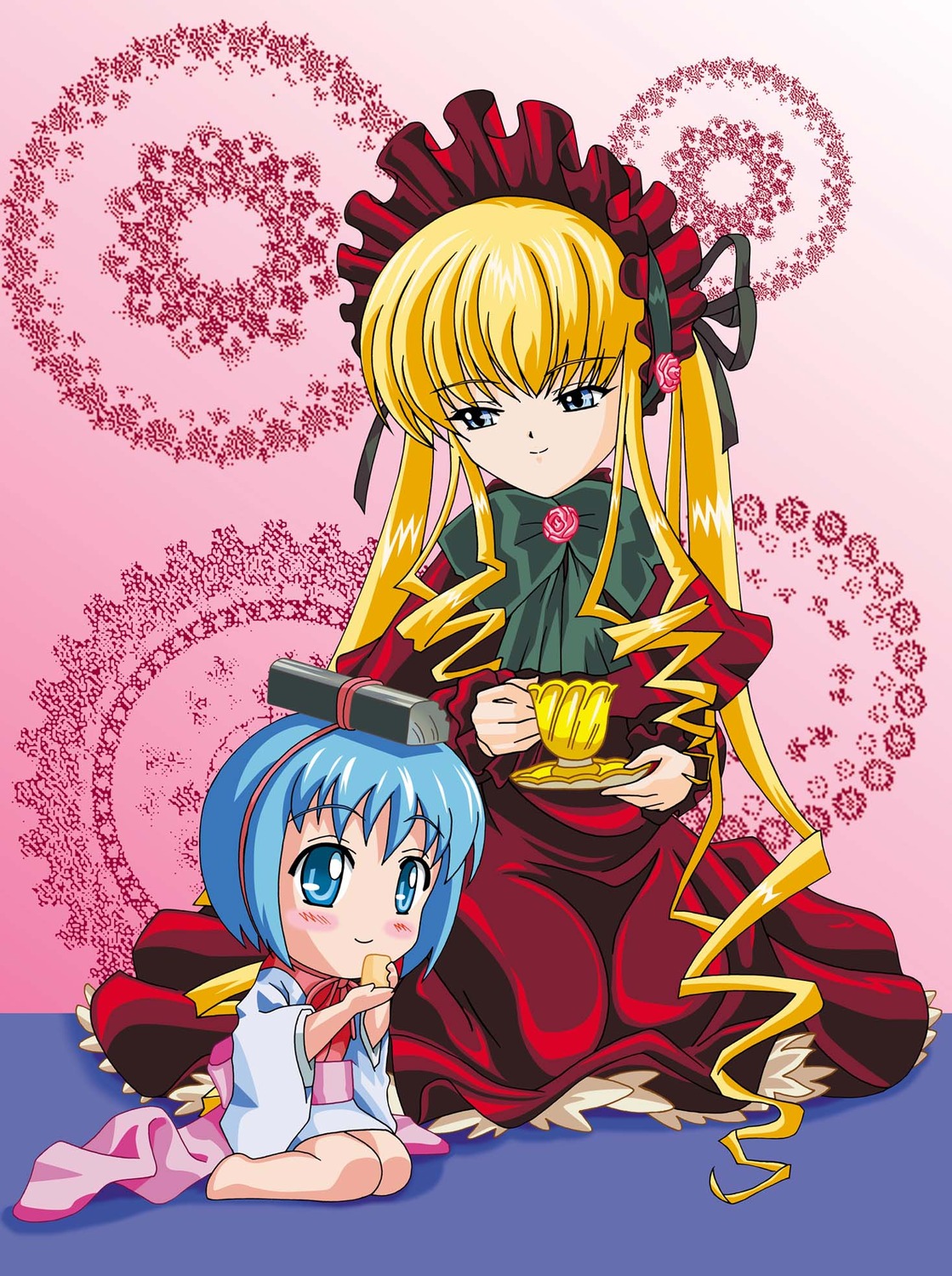 2girls blonde_hair blue_eyes blush bonnet dress eating food image long_hair long_sleeves looking_at_viewer multiple_girls shinku sitting solo twintails