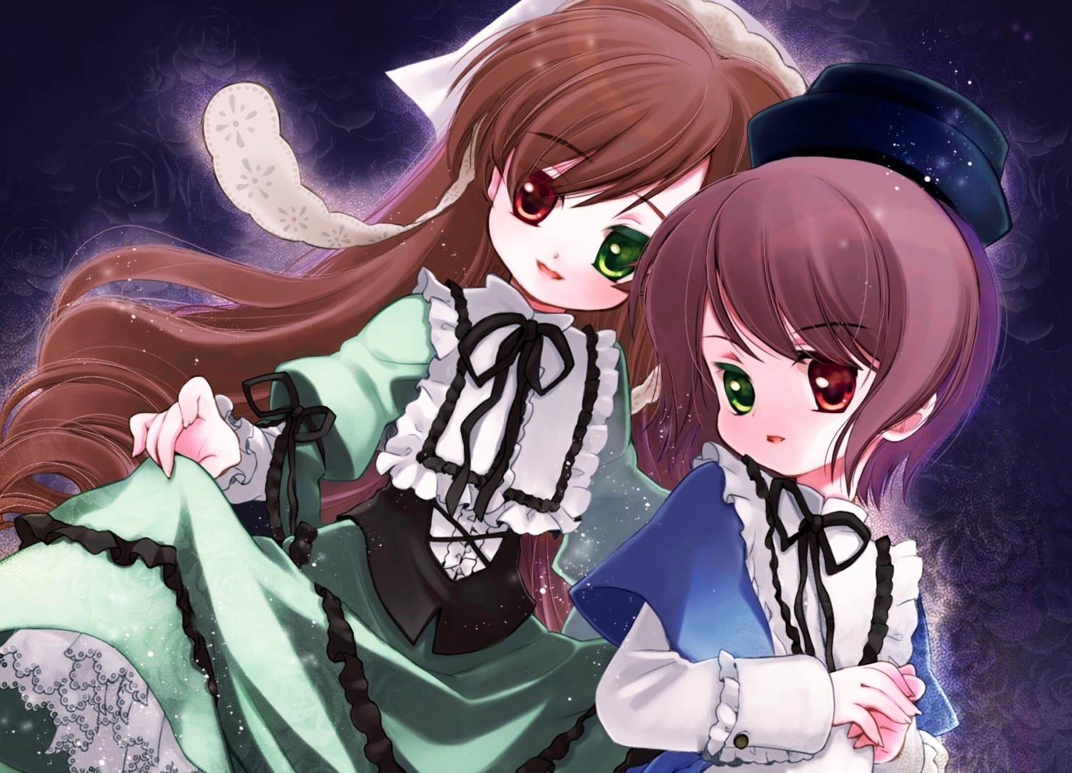 2girls auto_tagged bad_id bad_pixiv_id biyon black_ribbon brown_hair dress frills green_dress green_eyes hat heterochromia image long_hair long_sleeves looking_at_viewer multiple_girls open_mouth pair red_eyes ribbon rozen_maiden short_hair siblings sisters smile souseiseki suiseiseki twins very_long_hair