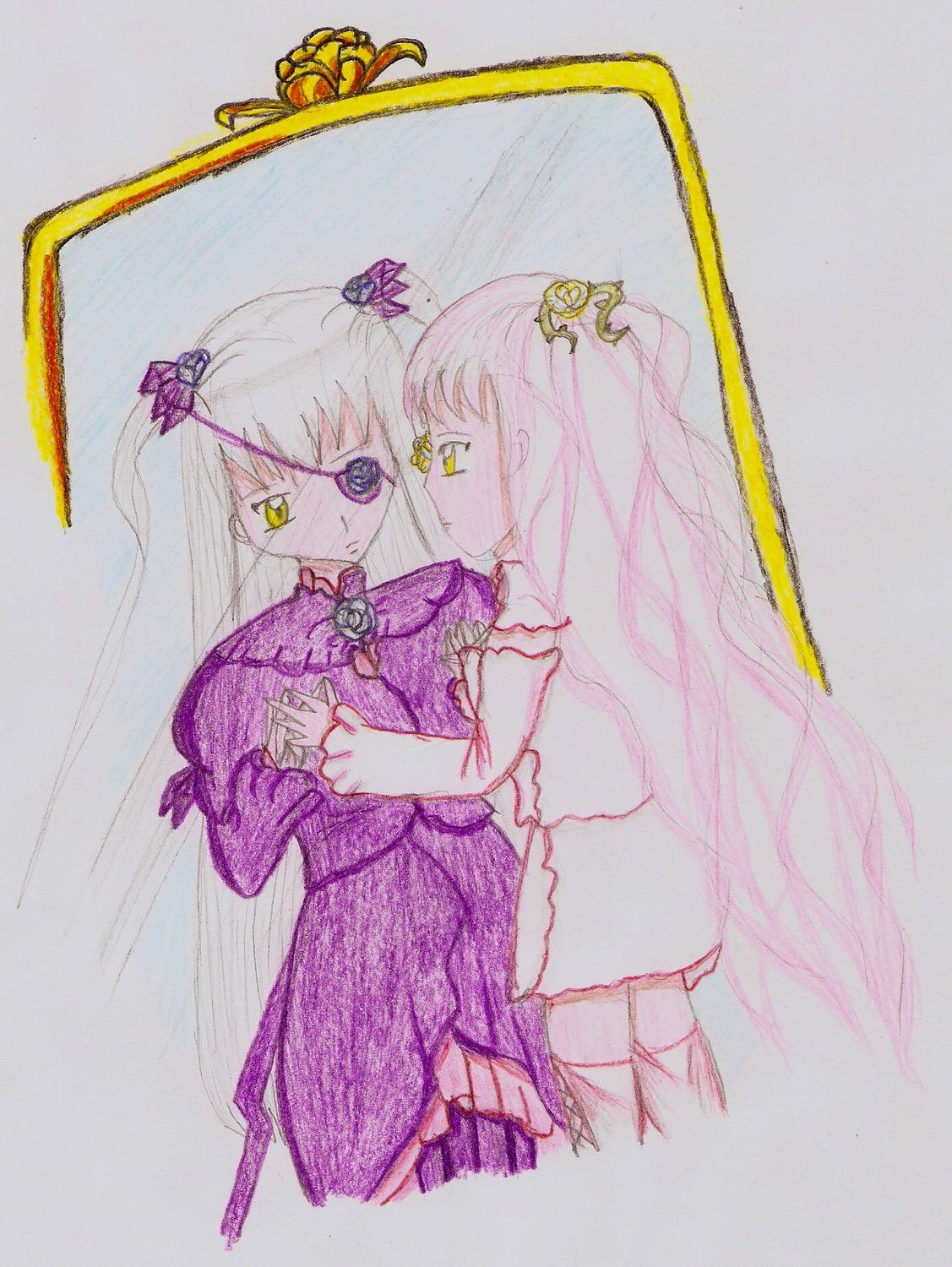 2girls barasuishou dress eyepatch frills hair_ornament image kirakishou long_hair long_sleeves multiple_girls pair puffy_sleeves purple_dress traditional_media yellow_eyes