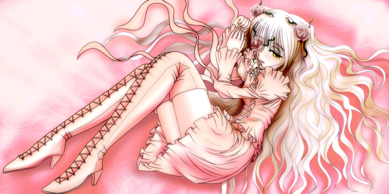 1girl blush boots commentary_request cross-laced_footwear dress eyepatch flower frills hair_ornament high_heel_boots high_heels image ishikkoro kirakishou long_hair lying on_side photoshop_(medium) pink_theme rose rozen_maiden solo thigh_boots thighhighs very_long_hair white_hair yellow_eyes