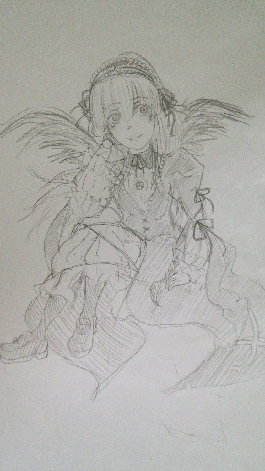 1girl boots dress frills graphite_(medium) greyscale hairband image long_hair long_sleeves looking_at_viewer monochrome solo suigintou traditional_media wings