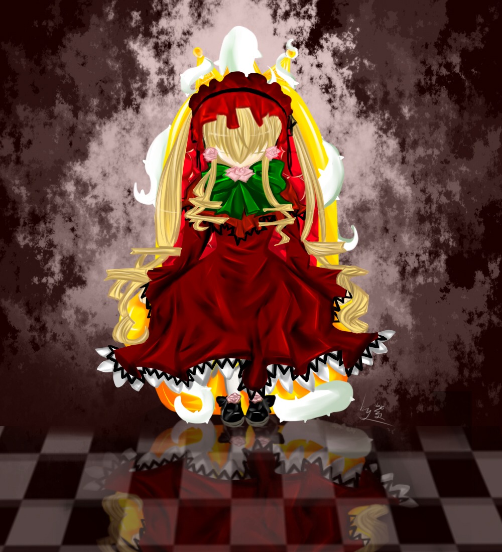 1girl argyle argyle_background argyle_legwear blonde_hair board_game bonnet checkerboard_cookie checkered checkered_background checkered_floor checkered_kimono checkered_skirt chess_piece cookie dress flag floor image long_hair on_floor perspective reflection reflective_floor shinku solo tile_floor tile_wall tiles twintails vanishing_point