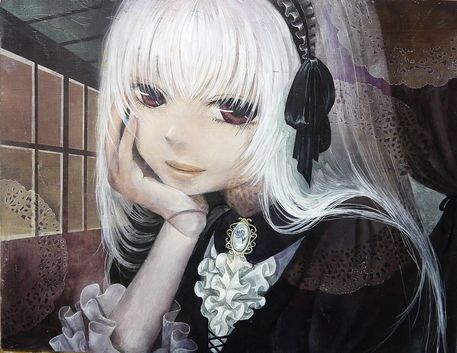 1girl bangs frills hairband image long_hair long_sleeves looking_at_viewer red_eyes smile solo suigintou traditional_media white_hair