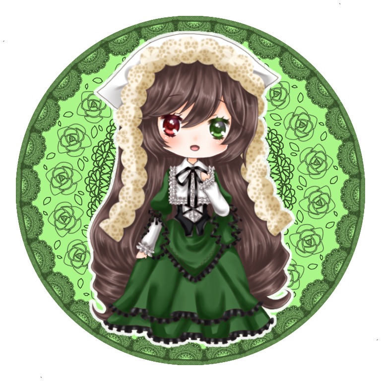 1girl brown_hair chibi dress drill_hair flower frills green_dress green_eyes hat heterochromia image lolita_fashion long_hair long_sleeves open_mouth pink_rose red_eyes rose solo suiseiseki very_long_hair