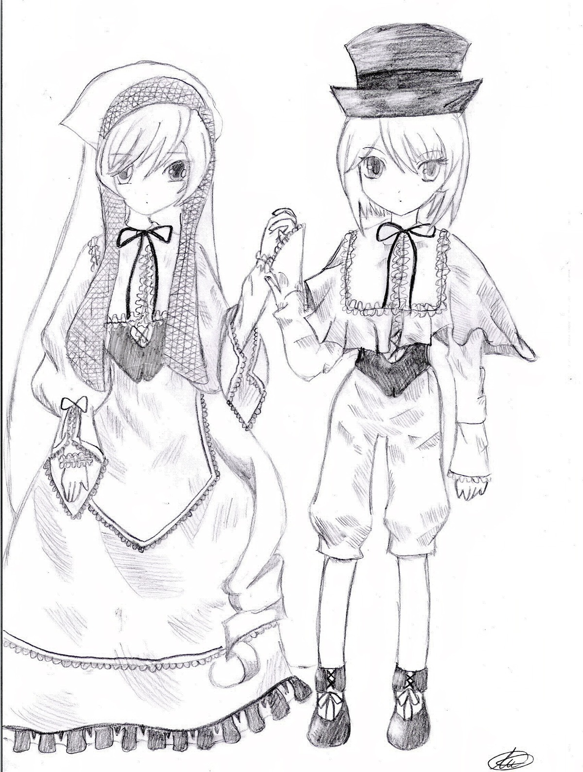 2girls capelet dress frills greyscale hat image long_hair long_sleeves looking_at_viewer monochrome multiple_girls neck_ribbon pair ribbon shoes short_hair souseiseki standing suiseiseki underwear