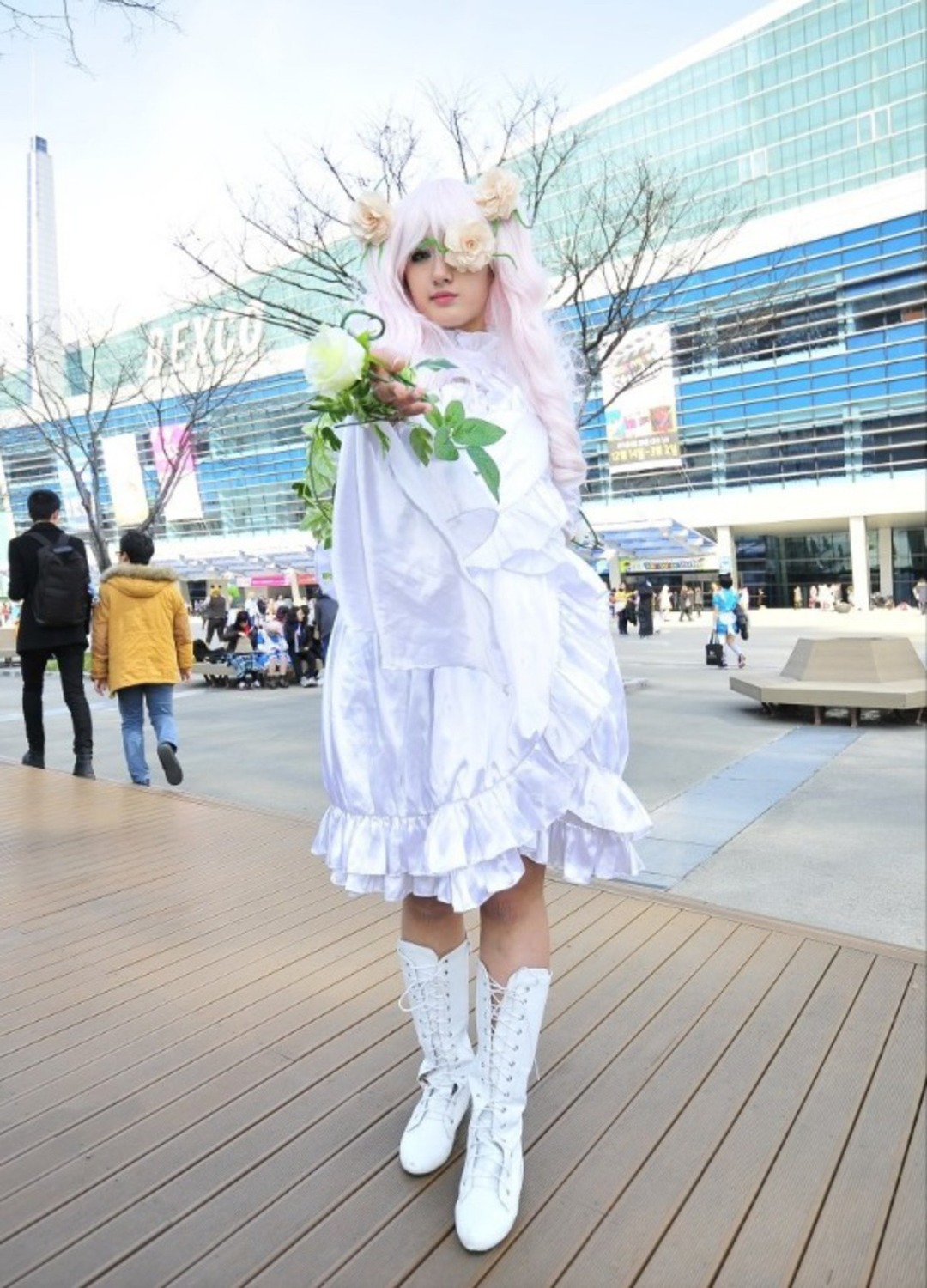 1girl animal_ears boots building coat day dress kirakishou lips long_hair outdoors pantyhose photo solo standing white_footwear white_hair