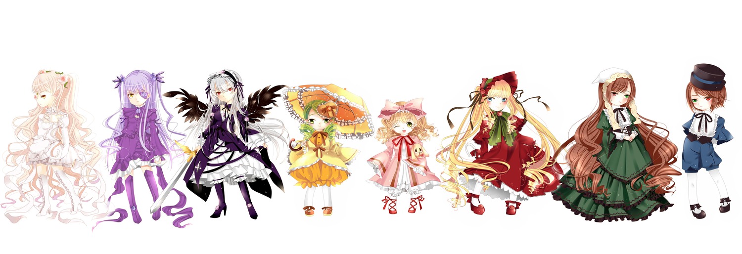 6+girls black_hair blonde_hair blue_eyes bonnet boots bow brown_eyes brown_hair dress elbow_gloves flower gloves green_eyes hair_flower hair_ornament hairband hat heterochromia hina_ichigo image kanaria long_hair looking_at_viewer multiple multiple_girls pink_hair purple_eyes red_eyes ribbon rose short_hair silver_hair smile souseiseki striped suigintou suiseiseki tagme twintails very_long_hair wings yellow_eyes