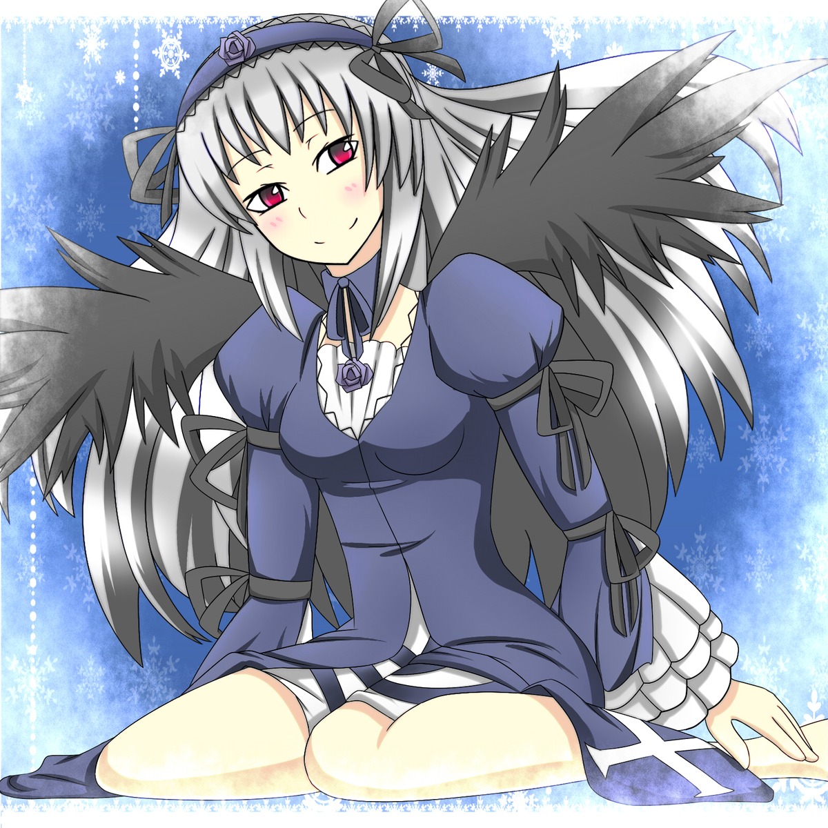 1girl auto_tagged black_wings blush dress flower frills hairband image juliet_sleeves long_hair long_sleeves looking_at_viewer pink_eyes puffy_sleeves ribbon rose silver_hair sitting smile solo suigintou wings