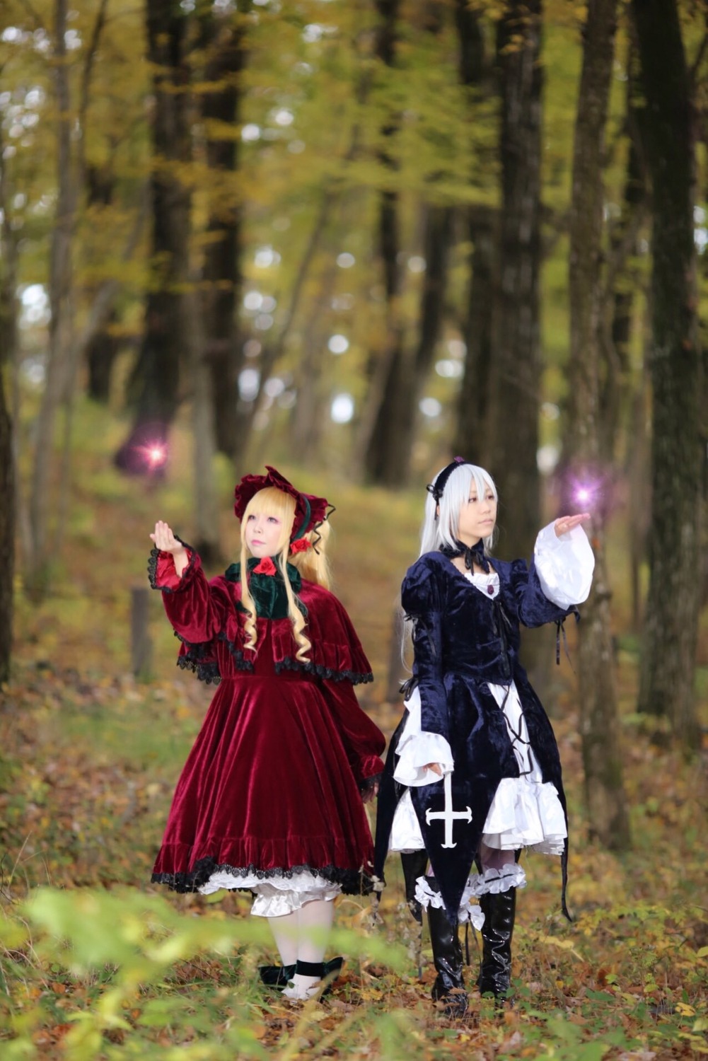 1boy 1girl blonde_hair blurry bonnet boots dress hat long_sleeves multiple_cosplay red_dress standing tagme