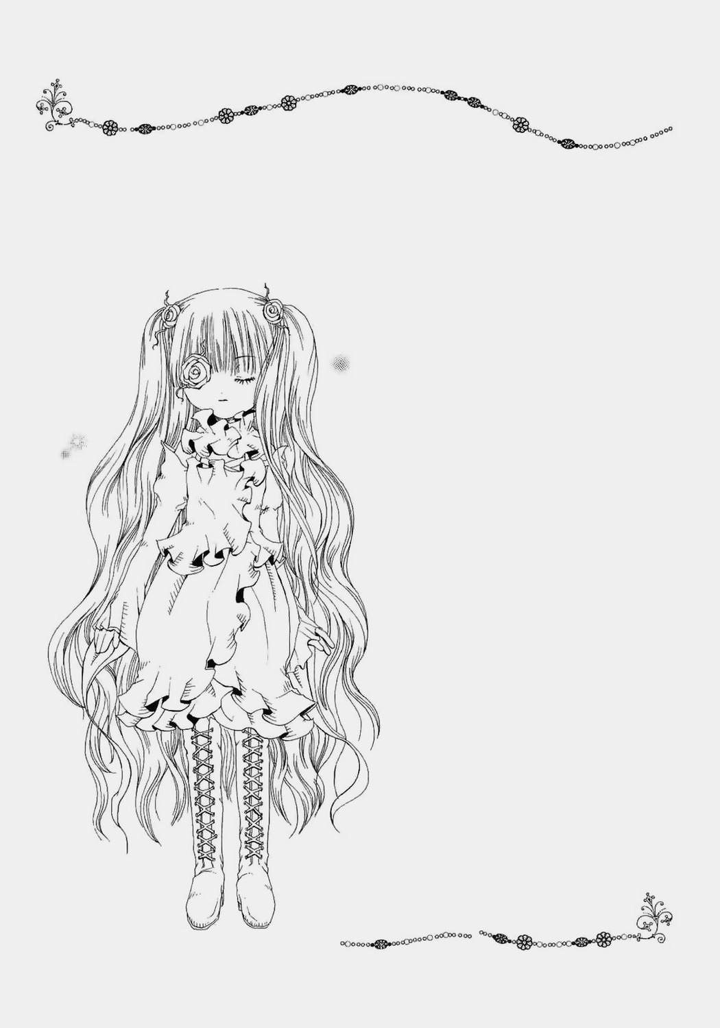 1girl boots chain cross-laced_footwear dress full_body greyscale hair_ornament image kirakishou long_hair monochrome one_eye_closed solo striped twintails vertical_stripes very_long_hair