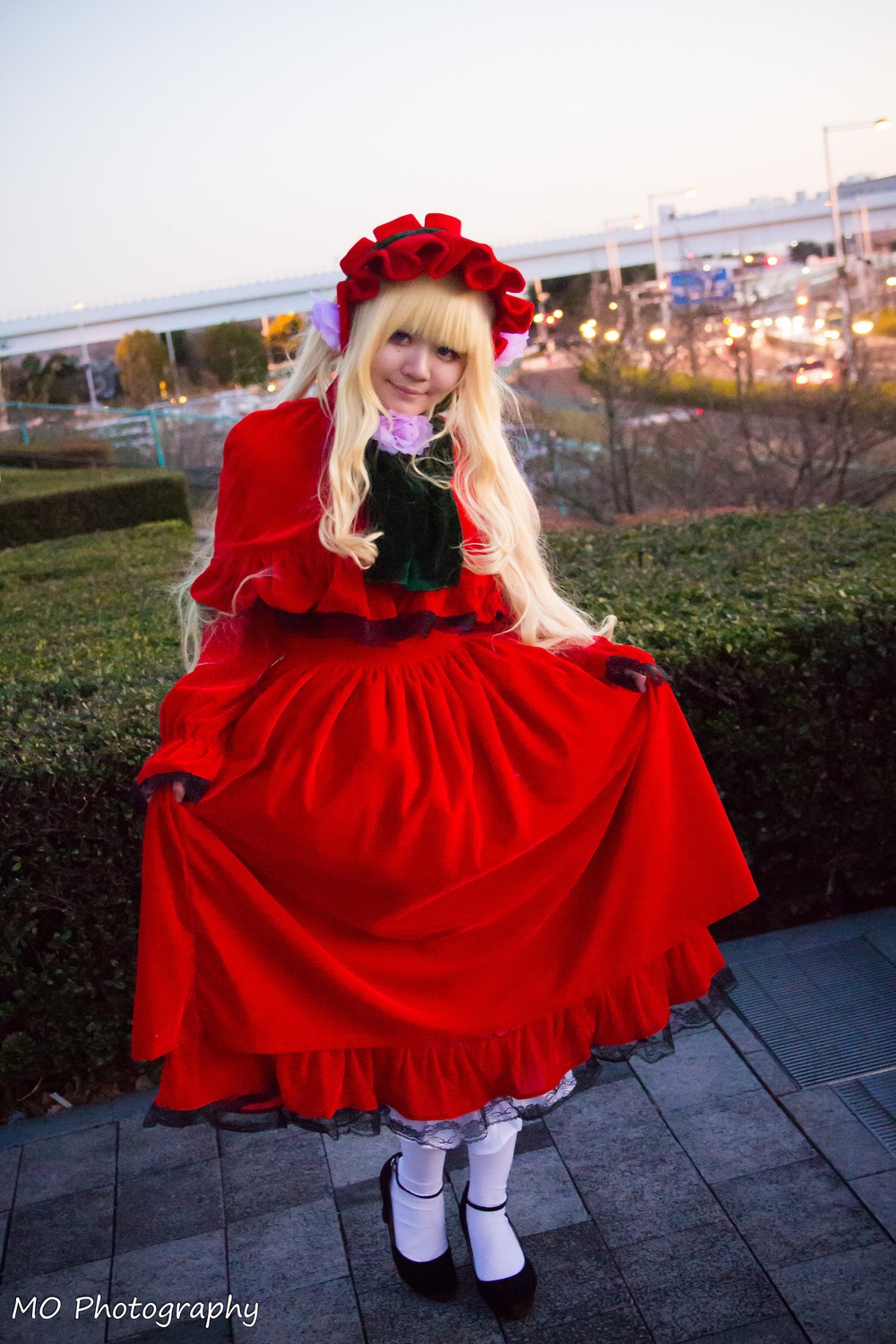 1girl blonde_hair dress long_hair long_sleeves red_dress shinku shoes solo standing white_legwear