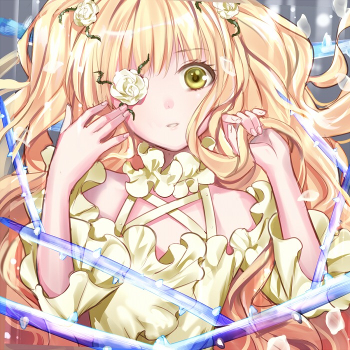 1girl blonde_hair dress eyepatch flower frills hair_flower hair_ornament image kirakishou long_hair looking_at_viewer parted_lips rose solo two_side_up white_flower white_rose