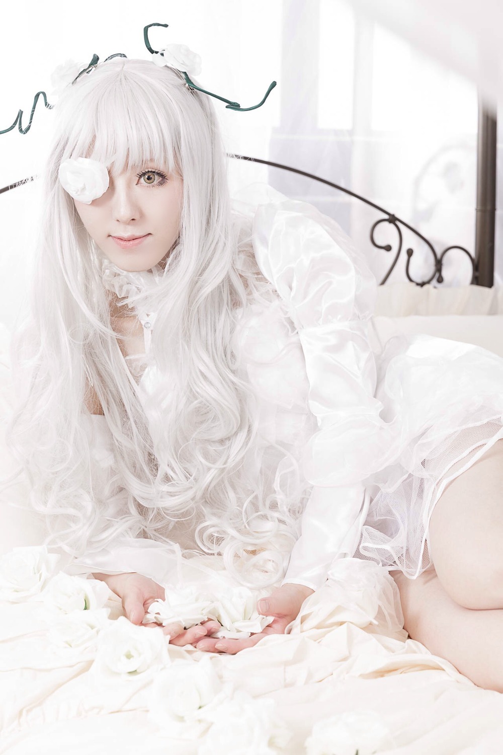 1girl bangs closed_mouth kirakishou lips long_hair long_sleeves looking_at_viewer sitting solo white_hair white_theme