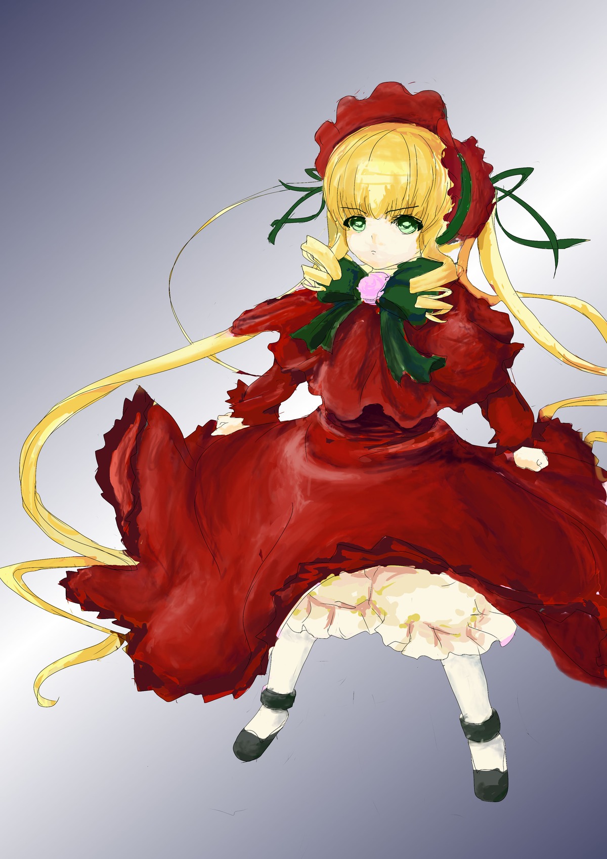 1girl black_footwear blonde_hair bonnet bow bowtie dress drill_hair full_body gradient gradient_background grey_background image long_hair long_sleeves looking_at_viewer shinku shoes solo standing twintails white_legwear