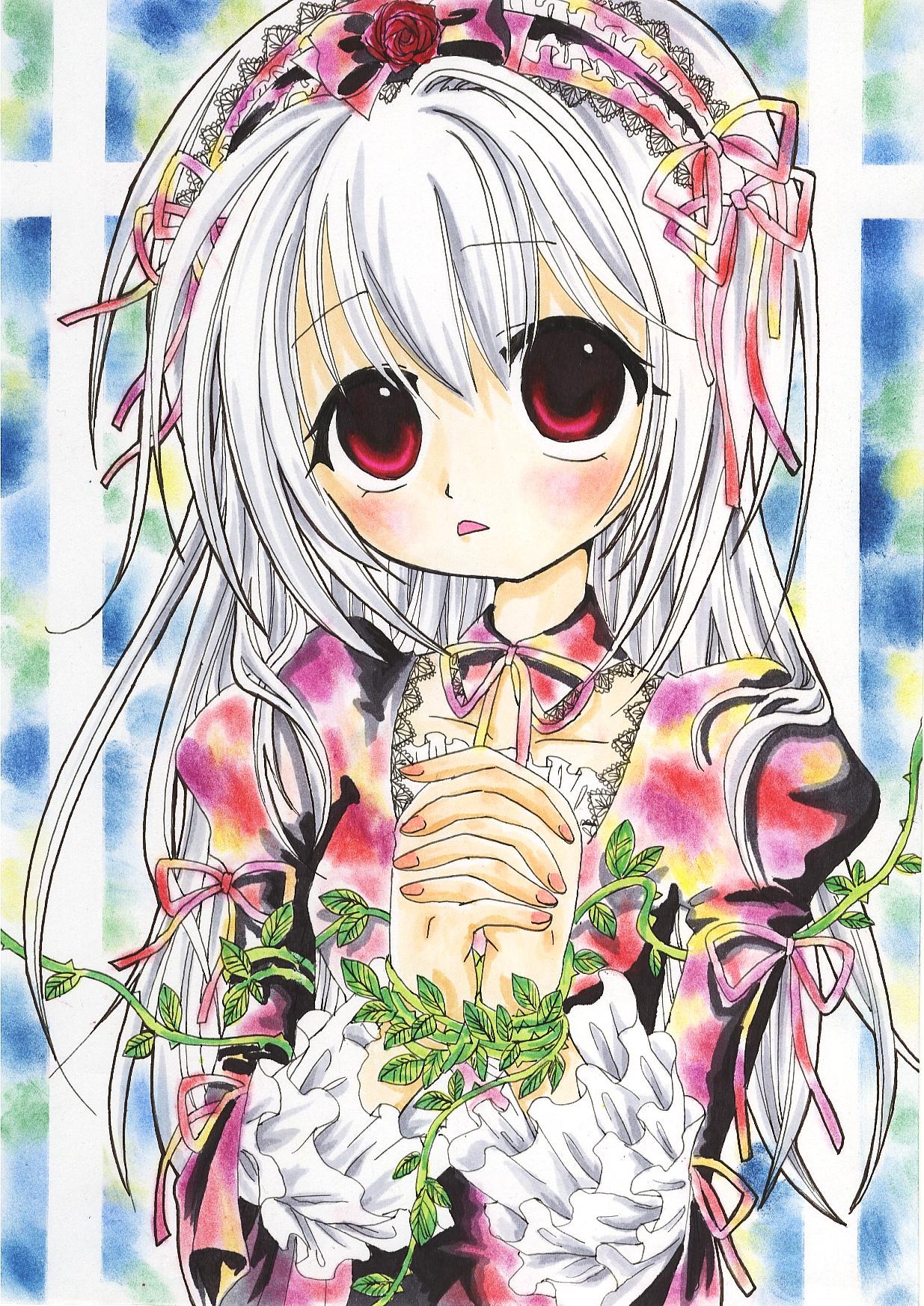 1girl colored_pencil_(medium) dress flower frills hair_ribbon hairband hands_clasped image lolita_fashion long_hair looking_at_viewer marker_(medium) own_hands_together red_eyes ribbon shikishi solo suigintou traditional_media