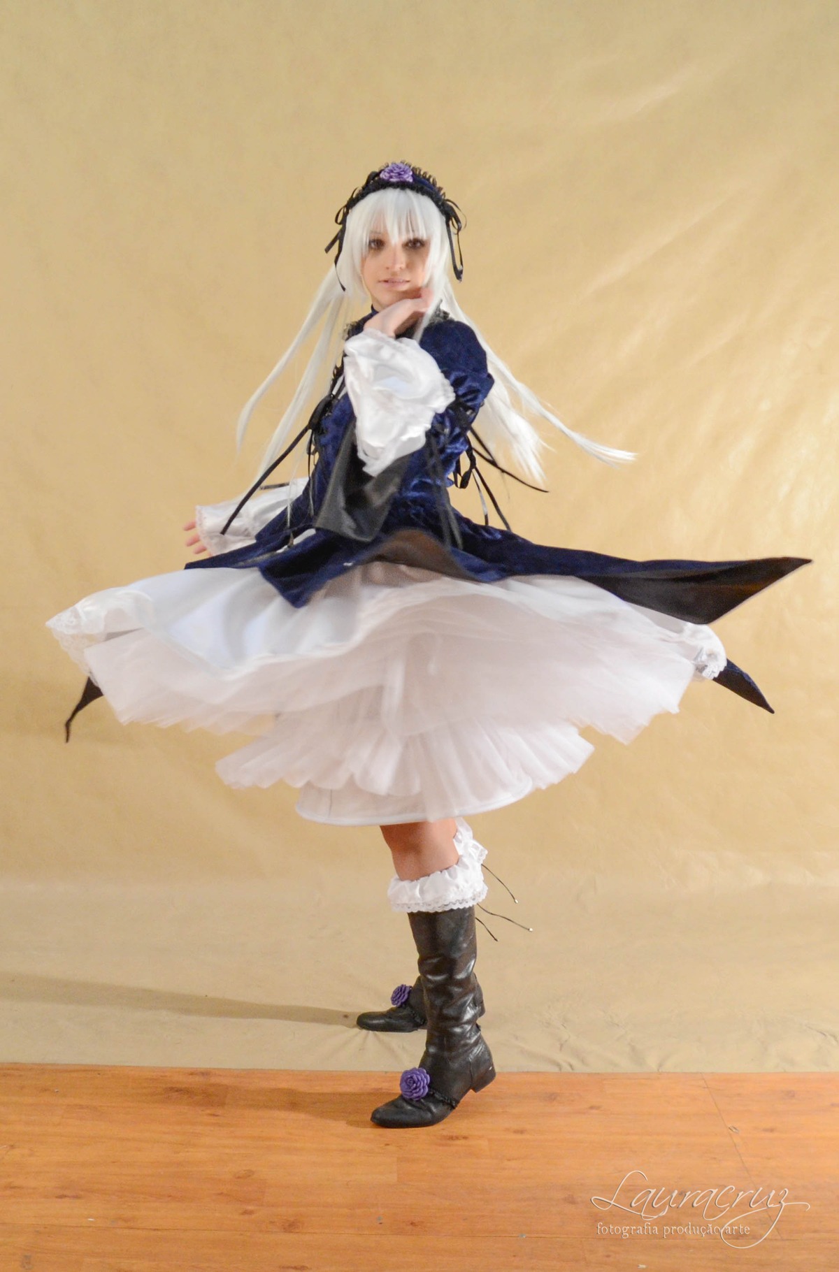 1girl boots dress frills full_body long_hair long_sleeves ribbon signature solo standing suigintou