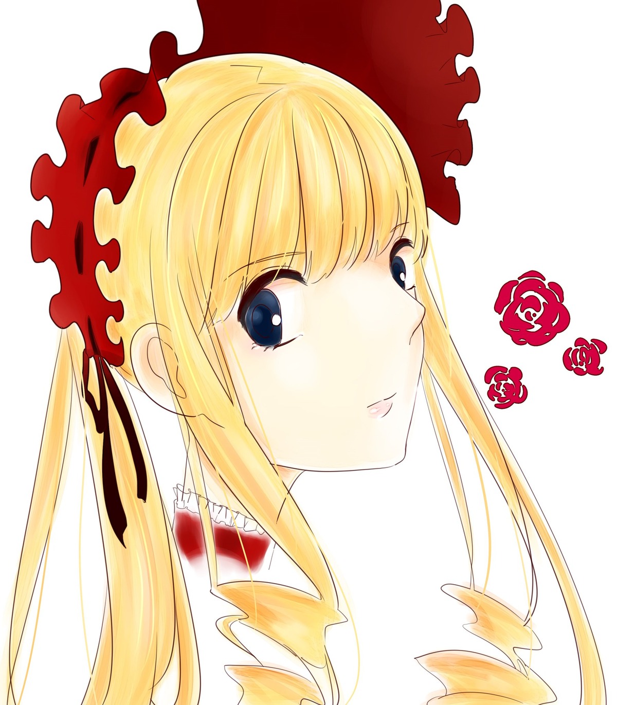 1girl bangs blonde_hair blue_eyes bow drill_hair eyebrows_visible_through_hair face flower hair_ribbon image long_hair looking_at_viewer portrait rose shinku simple_background solo striped striped_background twin_drills twintails white_background