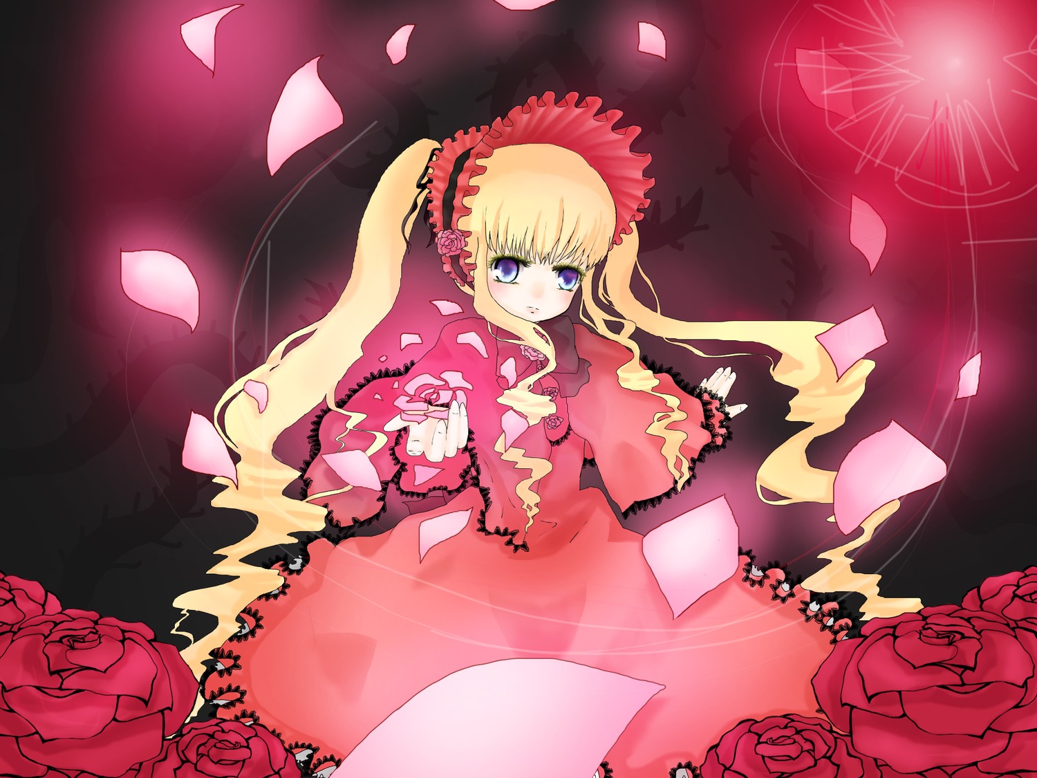 1girl blonde_hair blue_eyes bonnet bow dress flower frills image long_hair long_sleeves petals pink_flower pink_rose red_dress red_flower red_rose rose rose_petals shinku solo twintails