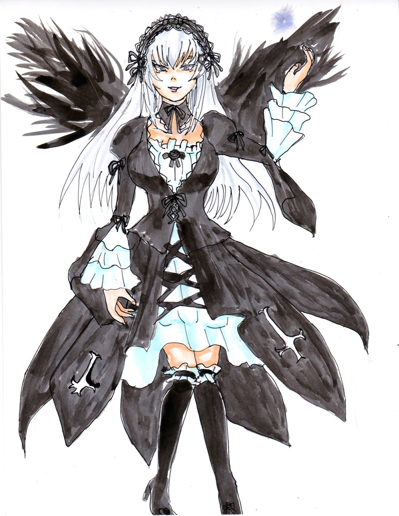 1girl black_wings boots detached_collar dress frills full_body hairband image long_hair long_sleeves looking_at_viewer puffy_sleeves ribbon solo standing suigintou white_background wings