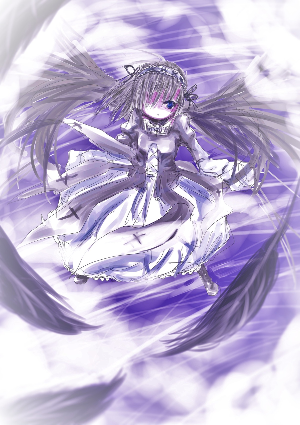 1girl black_ribbon black_wings blue_eyes dress feathers frills full_body hairband image lolita_hairband long_hair long_sleeves looking_at_viewer motion_blur ribbon silver_hair solo standing suigintou very_long_hair wings