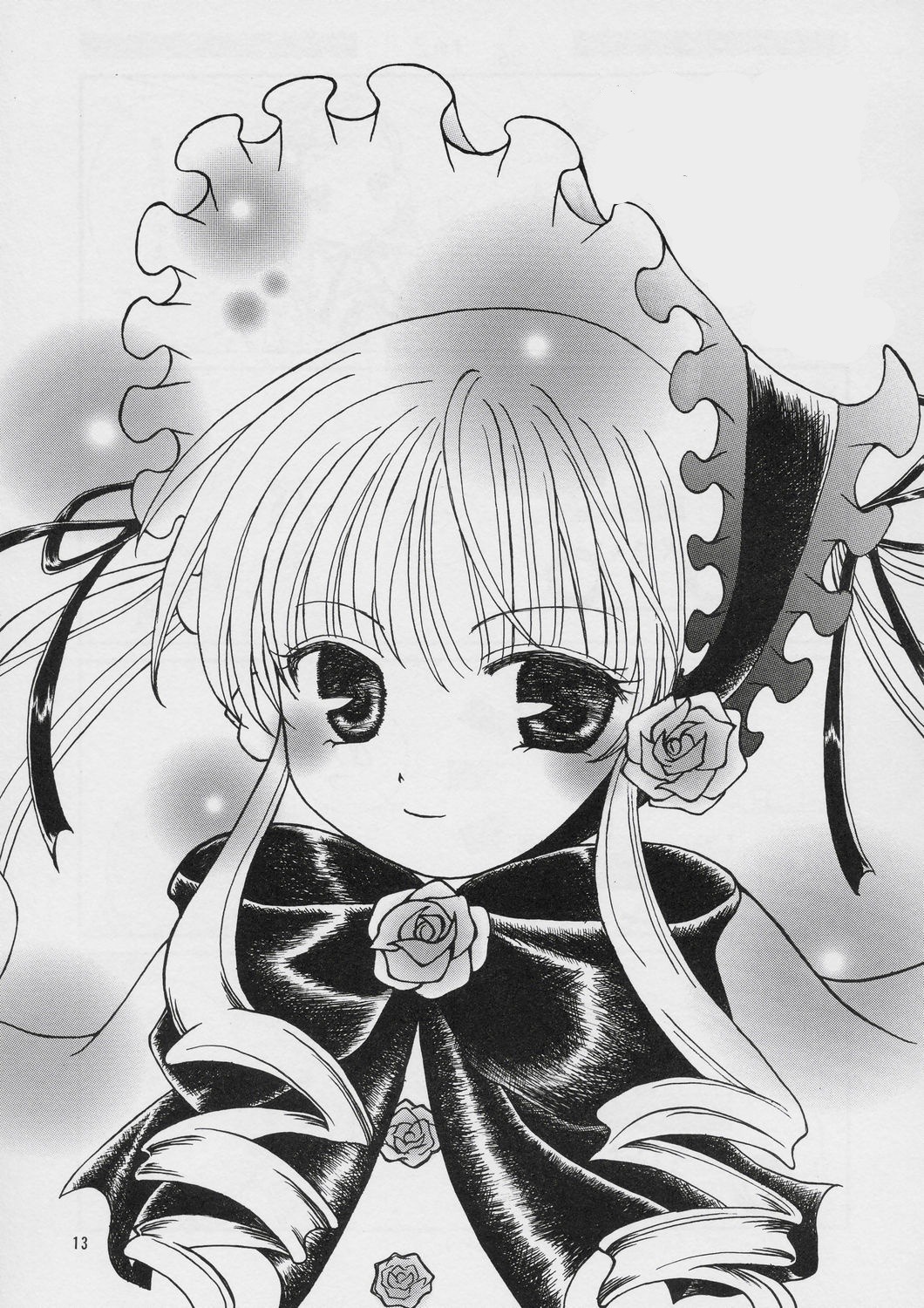 1girl blush bonnet drill_hair flower greyscale image long_hair looking_at_viewer marker_(medium) monochrome ringlets rose shinku smile solo traditional_media twin_drills twintails