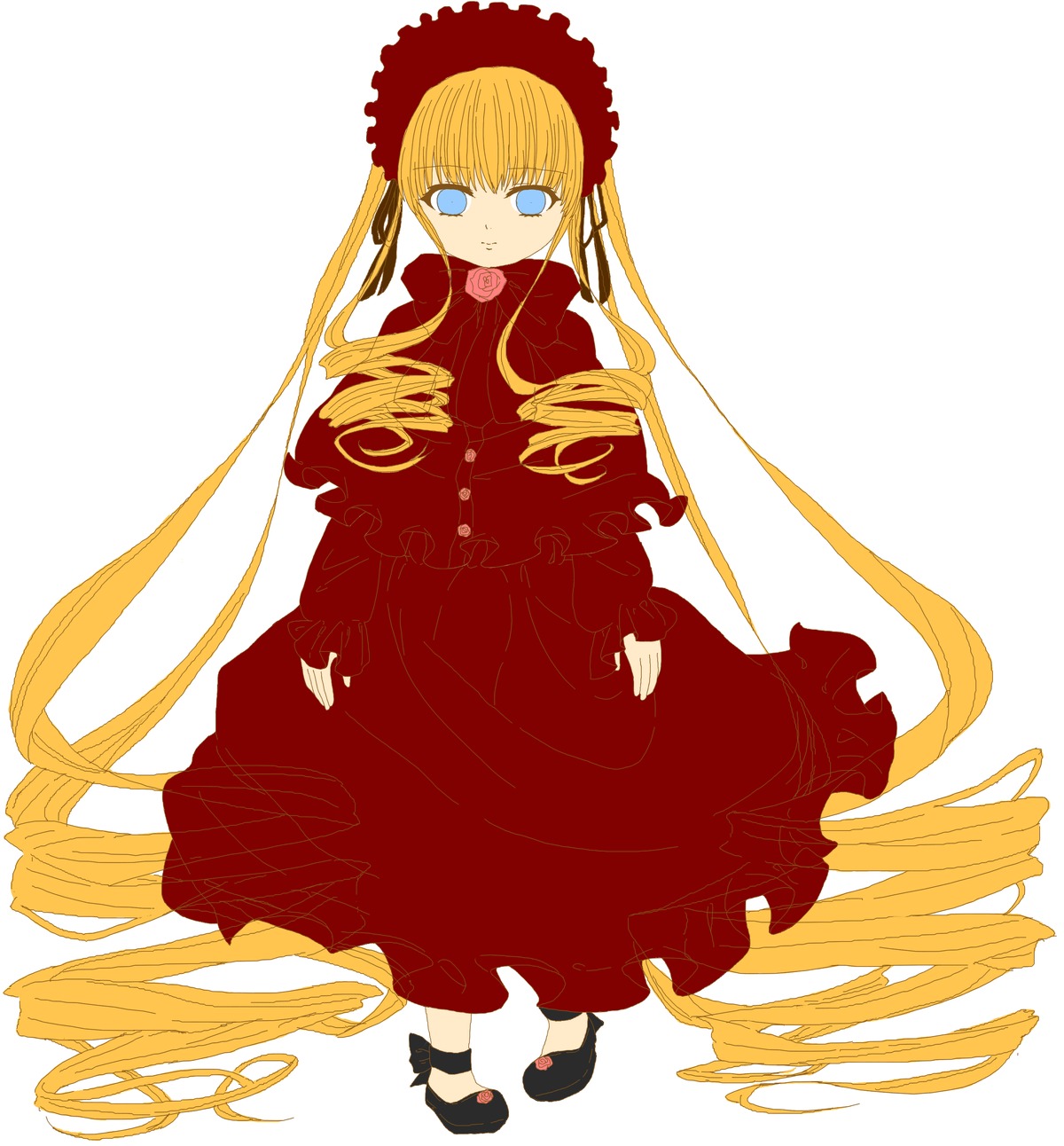 1girl black_footwear blonde_hair blue_eyes bonnet bow bowtie dress drill_hair full_body image long_hair long_sleeves looking_at_viewer red_dress shinku shoes simple_background solo standing twin_drills twintails very_long_hair white_background