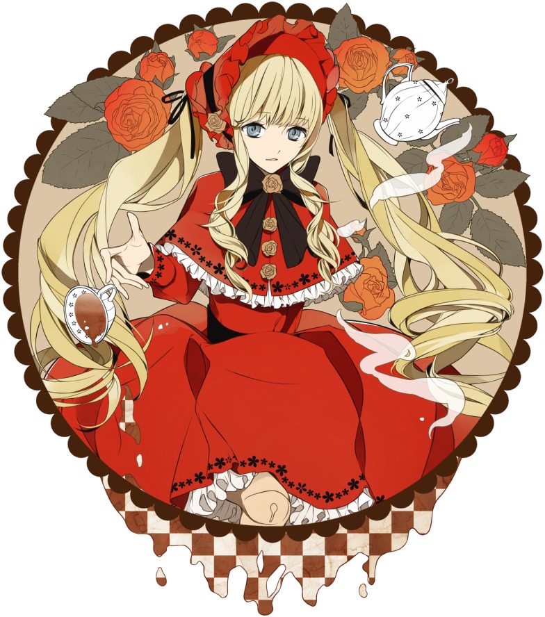1girl blonde_hair blue_eyes bonnet bow capelet checkered checkered_background checkered_floor cup dress drill_hair flower hat image long_hair looking_at_viewer red_dress red_flower red_rose rose saucer shinku solo tea teacup twintails very_long_hair
