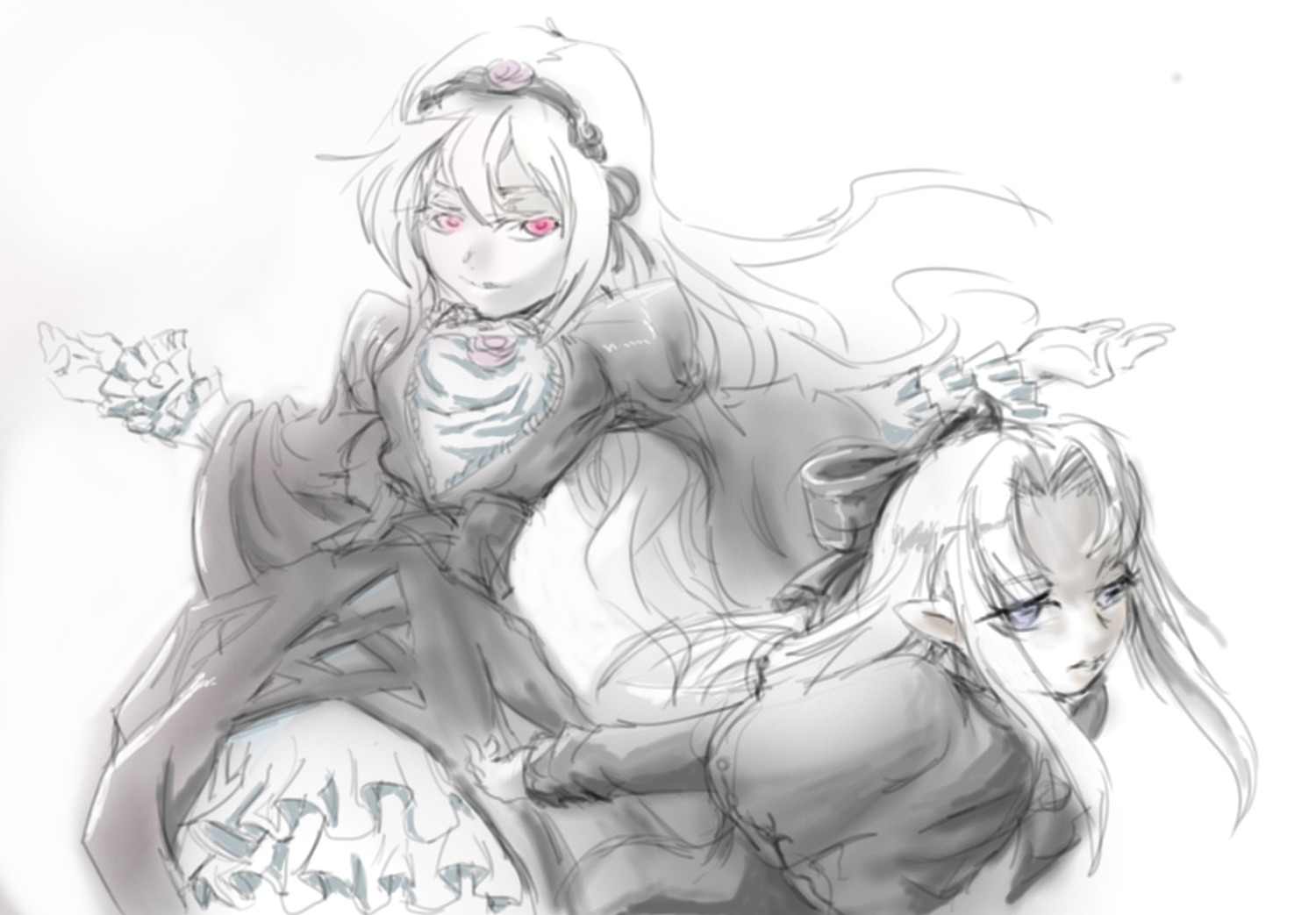 2girls dress flower frills hairband image long_hair long_sleeves looking_at_viewer monochrome multiple_girls rose solo suigintou wings